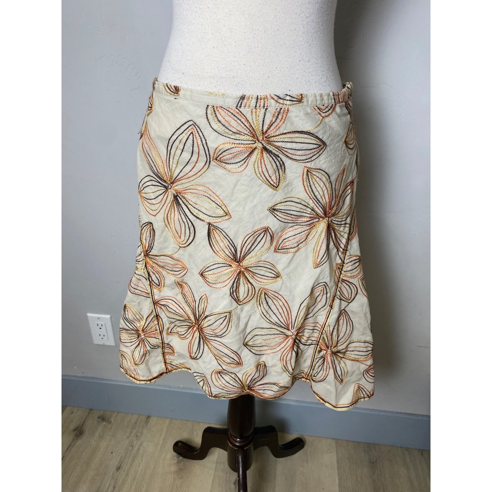 Studio M Petite Y2K Floral Embroidered Cotton Midi Skirt Cream Orange 6P